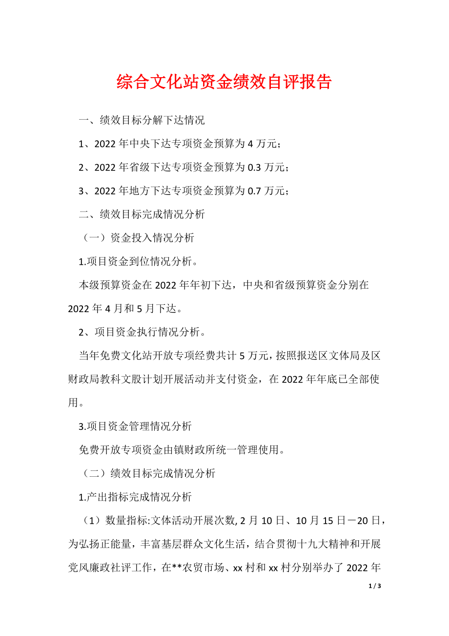 综合文化站资金绩效自评报告_第1页
