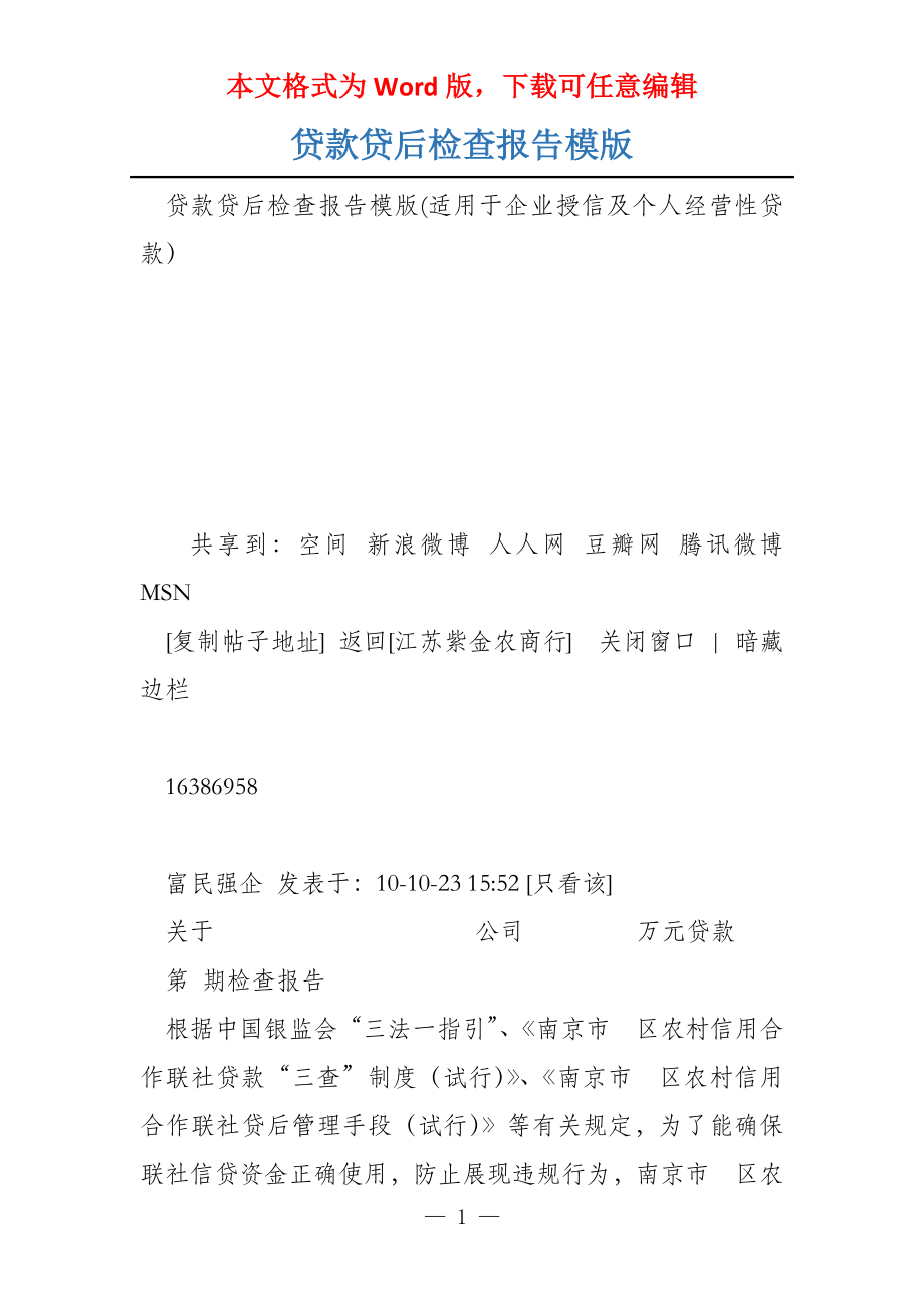 贷款贷后检查报告模版_第1页
