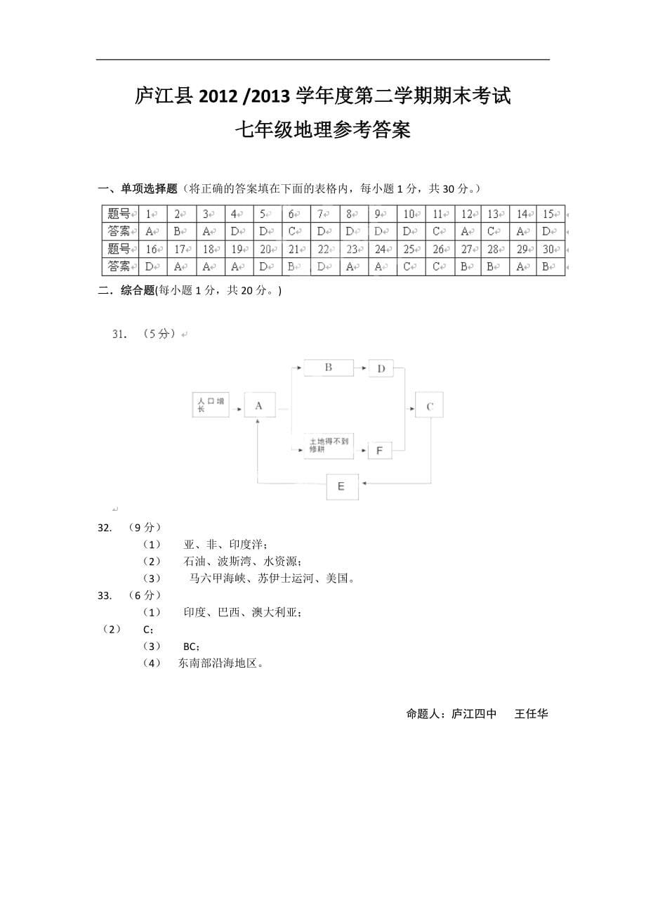 安徽省庐江县2012-2013学年七年级下学期期末考试地理试题（扫描版word版答案）_第5页