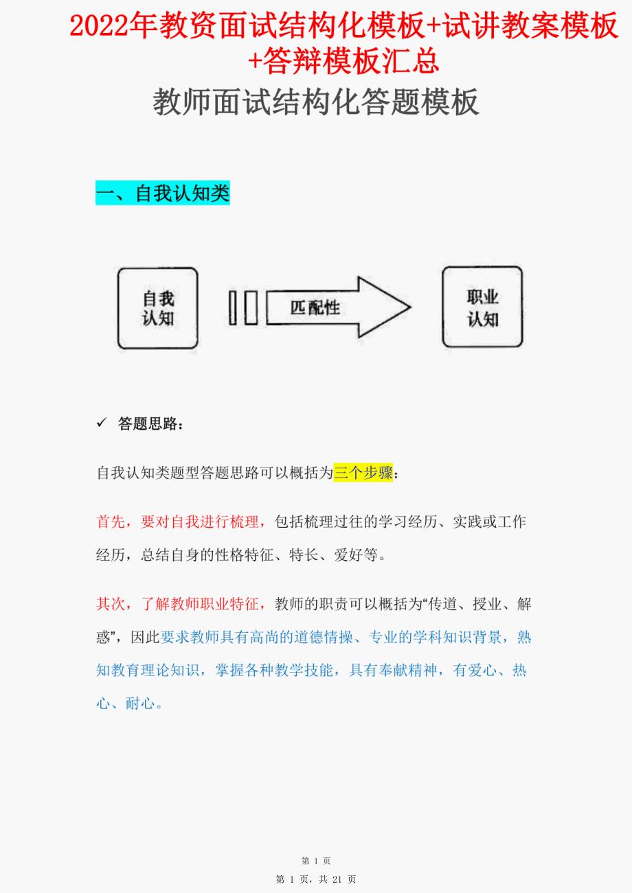 2022年5月份教师资格考试面试模板（结构化模板+教案模板+答辩万能模板）_第1页