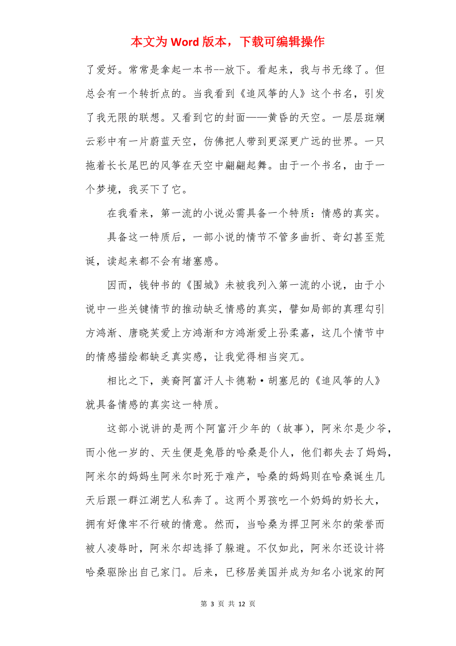 追风筝的人读后感1000字优秀模板_第3页