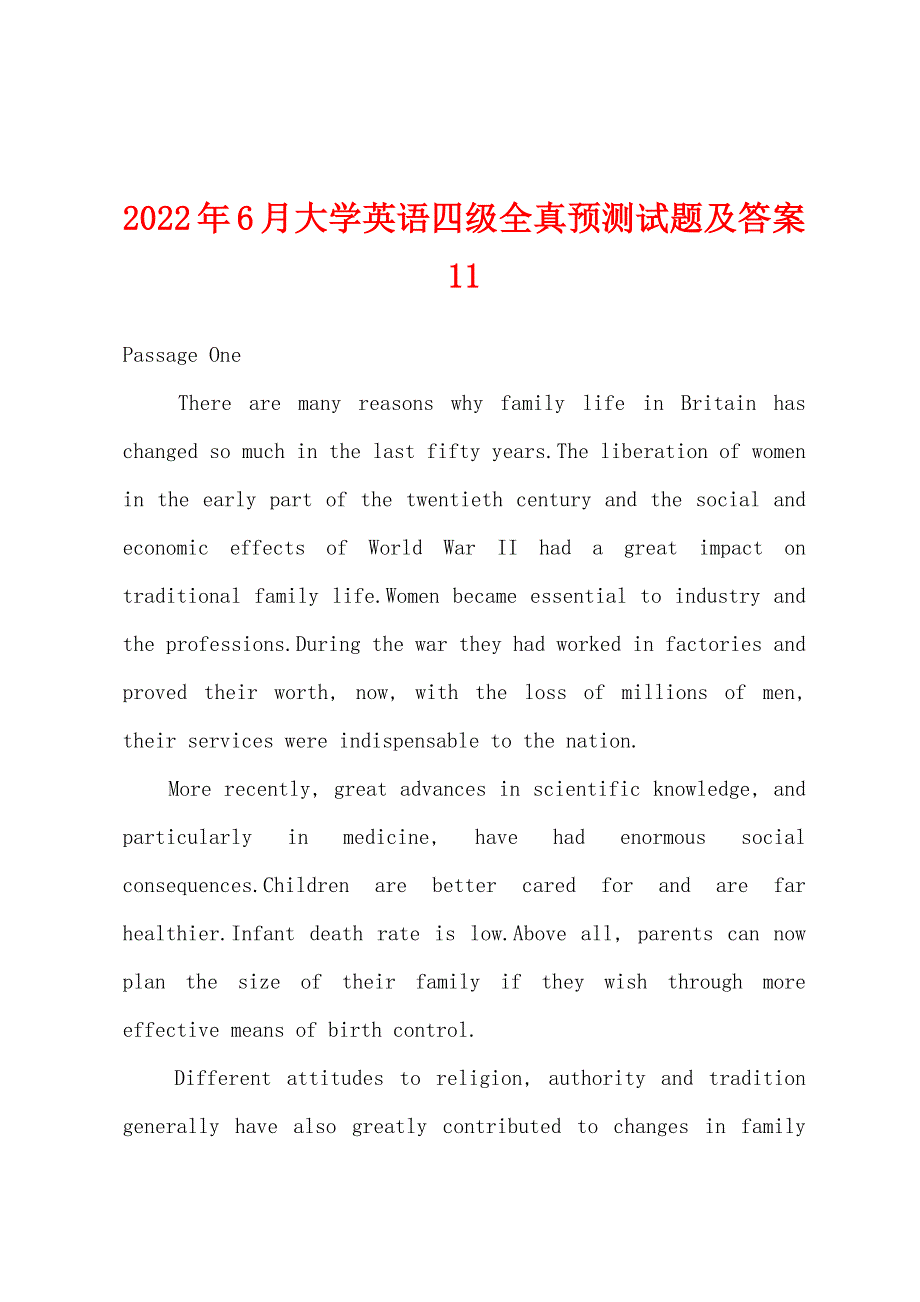 2022年6月大学英语四级全真预测试题及答案11_第1页