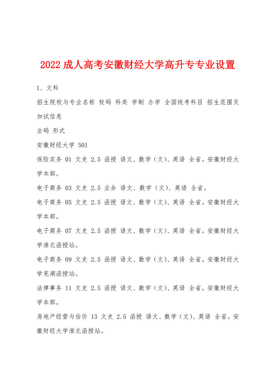 2022年成人高考安徽财经大学高升专专业设置_第1页