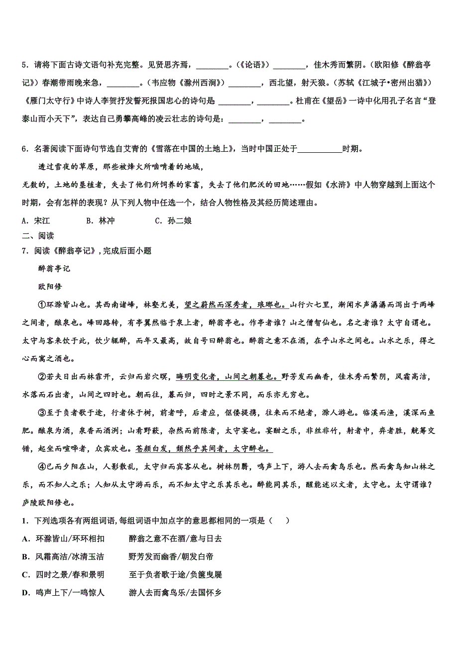 2021-2022学年湖南省怀化市洪江市达标名校中考联考语文试卷含解析_第2页