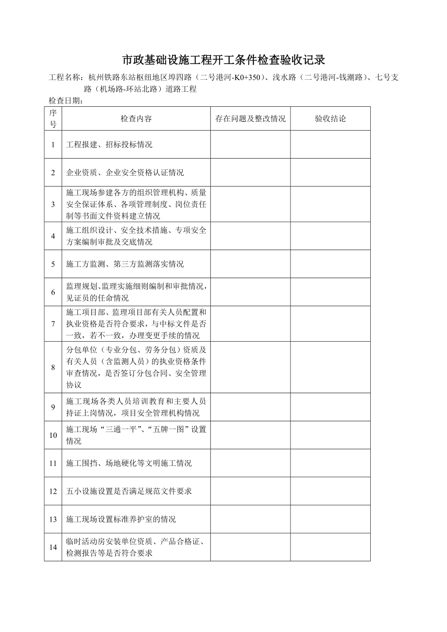 杭州市政基础设施工程开工条件检查验收记录_第1页