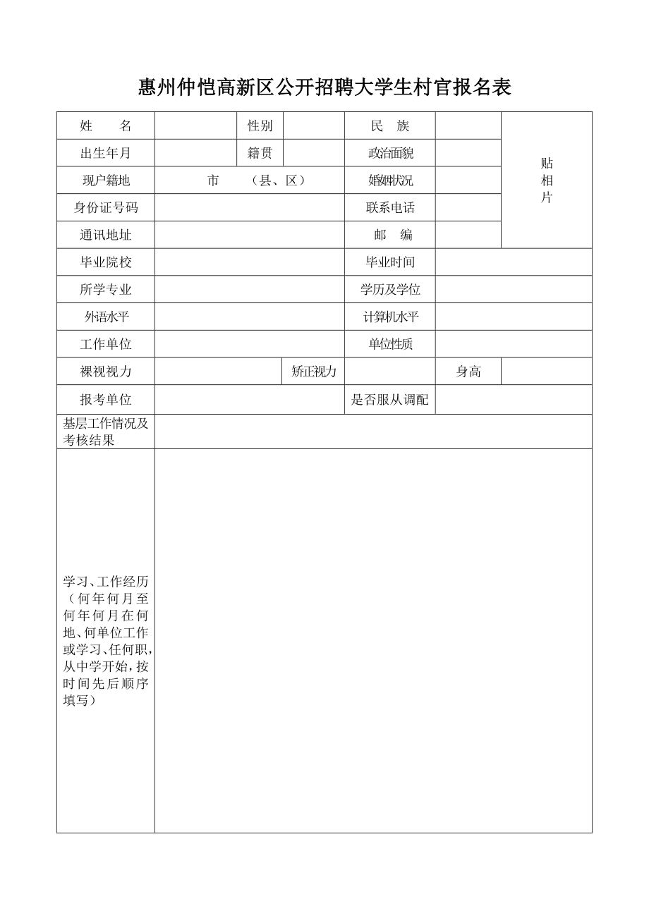 惠州仲恺高新区公开招聘大学生村官报名表_第1页