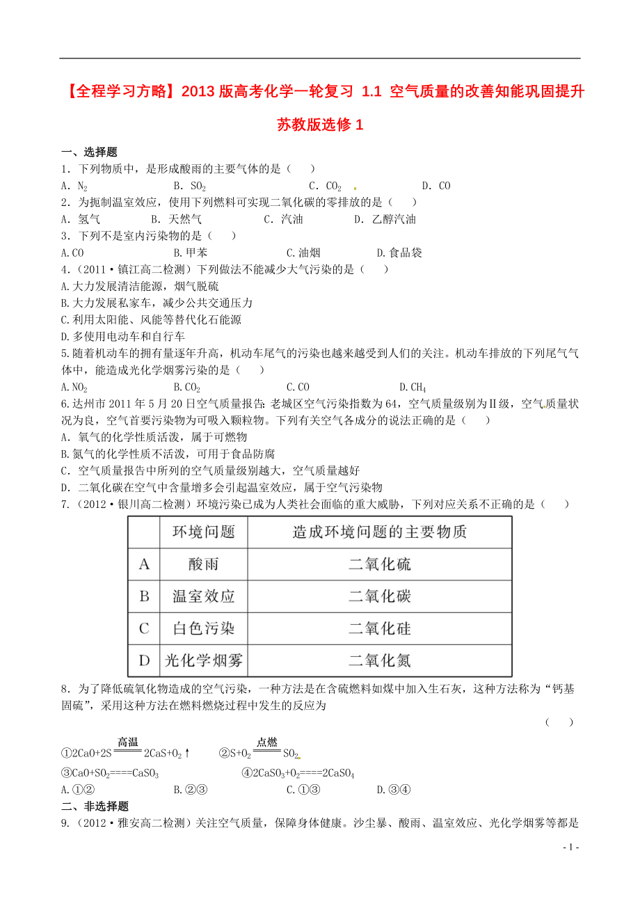 2021版高考化学一轮复习 1.1 空气质量的改善知能巩固提升 苏教版选修1_第1页