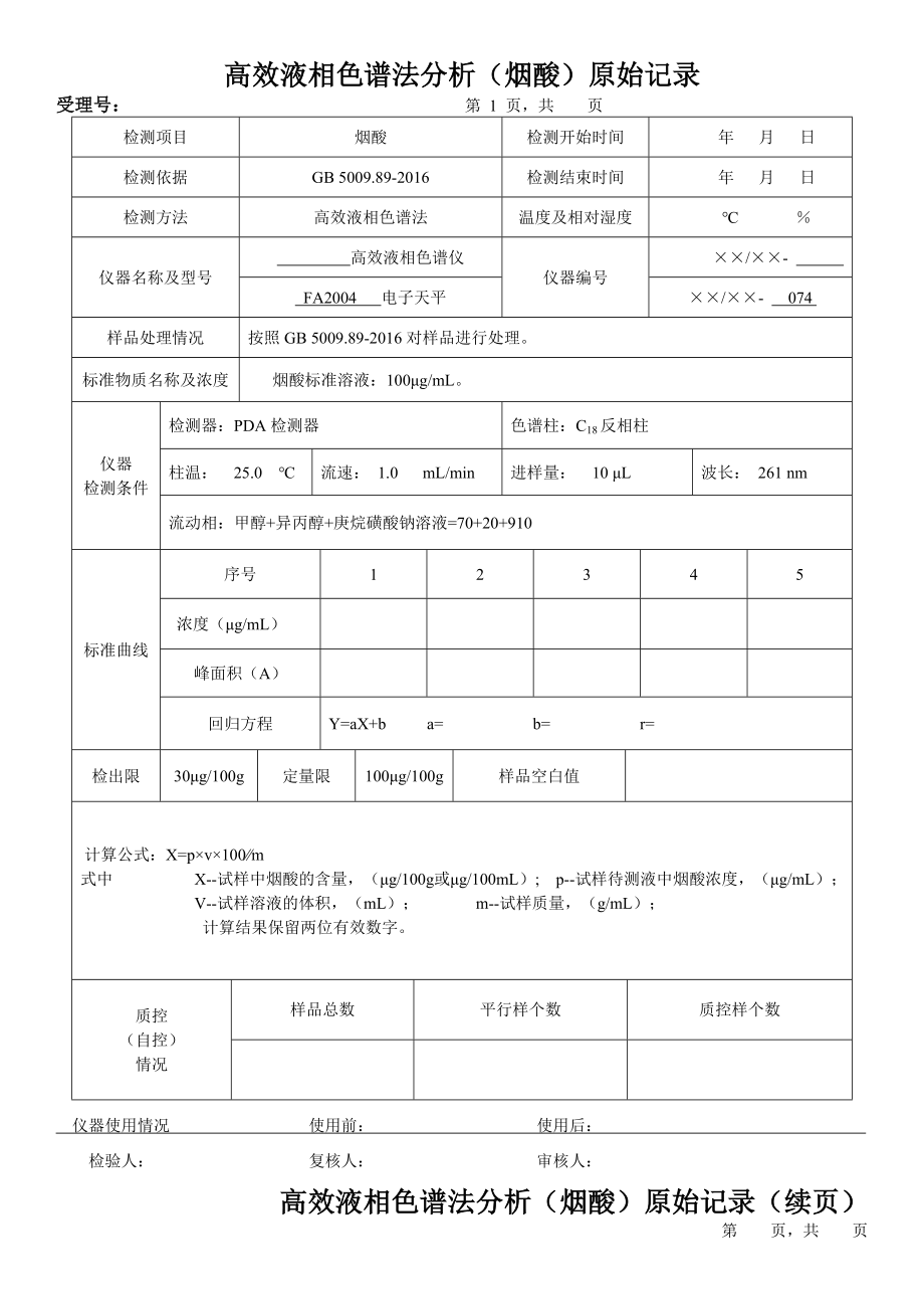 高效液相色谱法分析（烟酸）原始记录_第1页