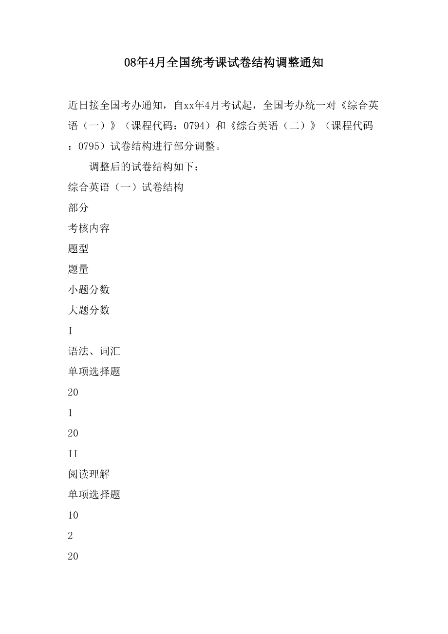 08年4月全国统考课试卷结构调整通知_第1页