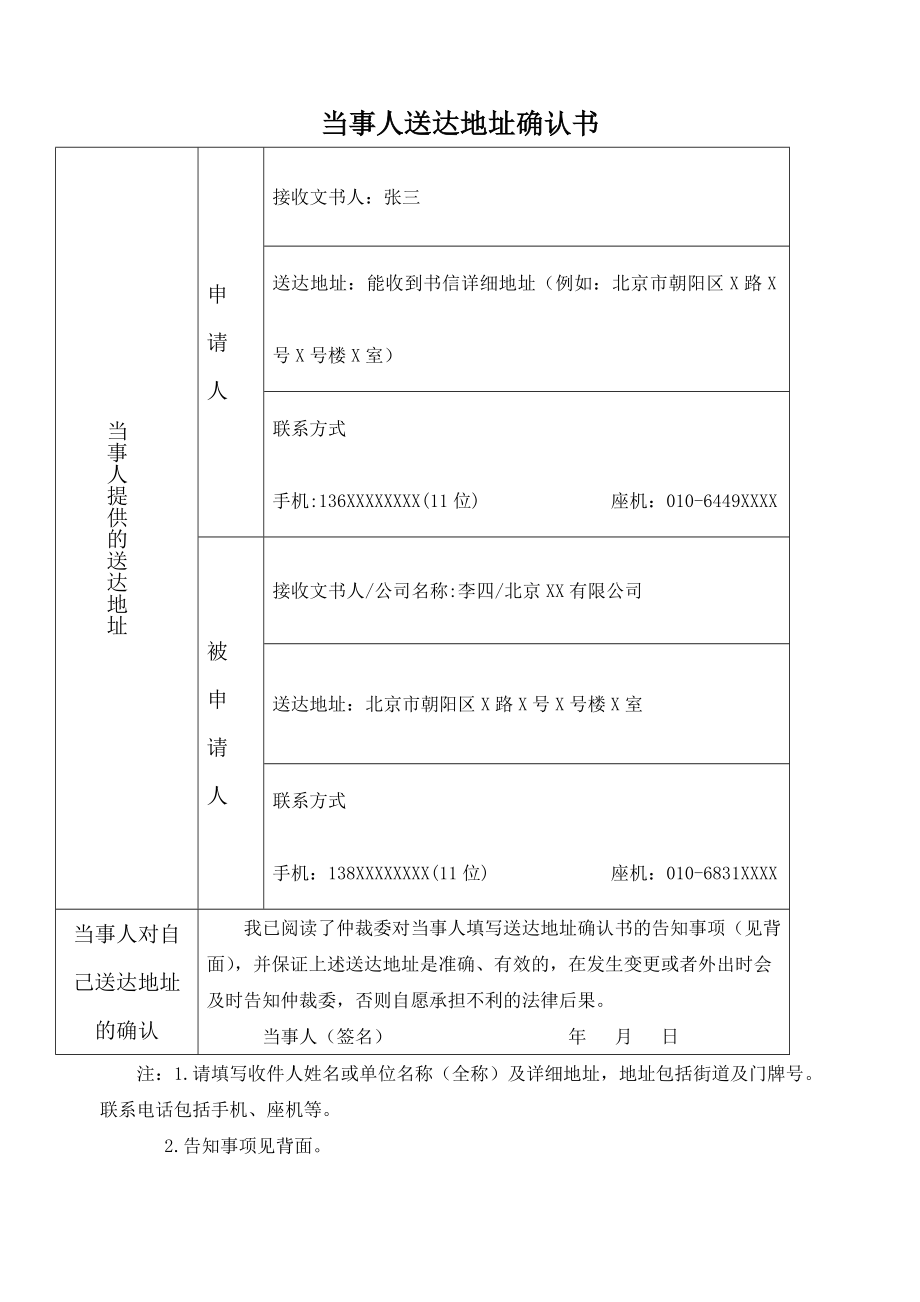 劳动仲裁当事人送达地址确认书模板_第1页