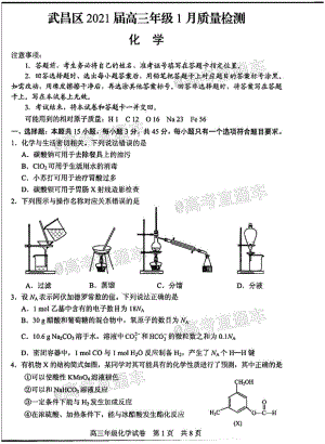 武昌区2021届高三年级一月质量检测化学试题