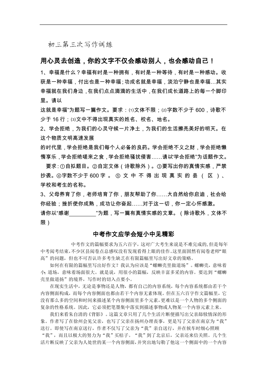 山东省单县希望初级中学九年级上学期语文第三次写作训练教案_第1页