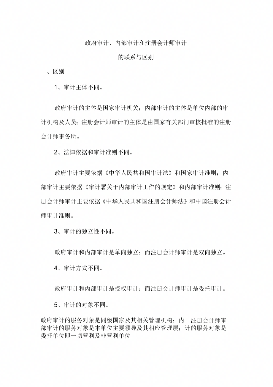 《政府审计、内部审计和注册会计师审计的区别与联系》_第1页