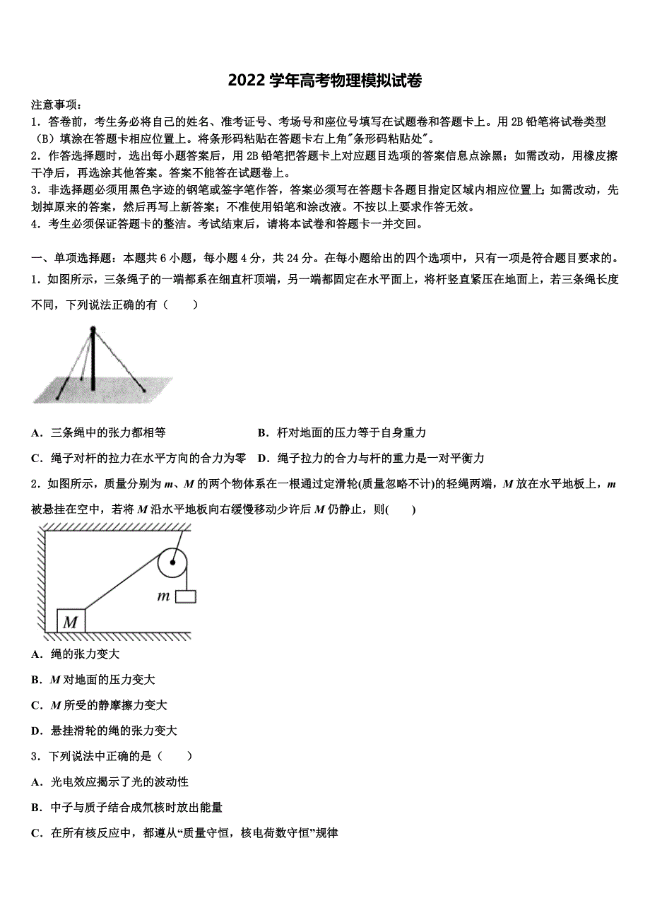 2022年安徽宿州市时村中学高三下学期联合考试物理试题（含答案解析）_第1页