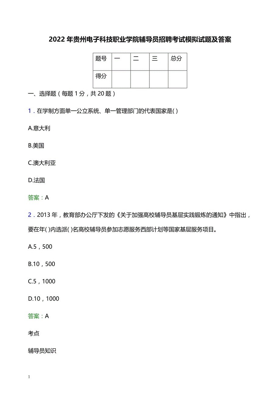 2022年贵州电子科技职业学院辅导员招聘考试模拟试题及答案_第1页