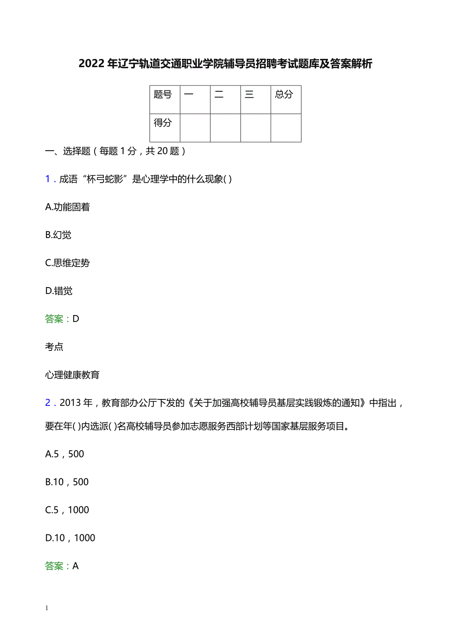 2022年辽宁轨道交通职业学院辅导员招聘考试题库及答案解析_第1页