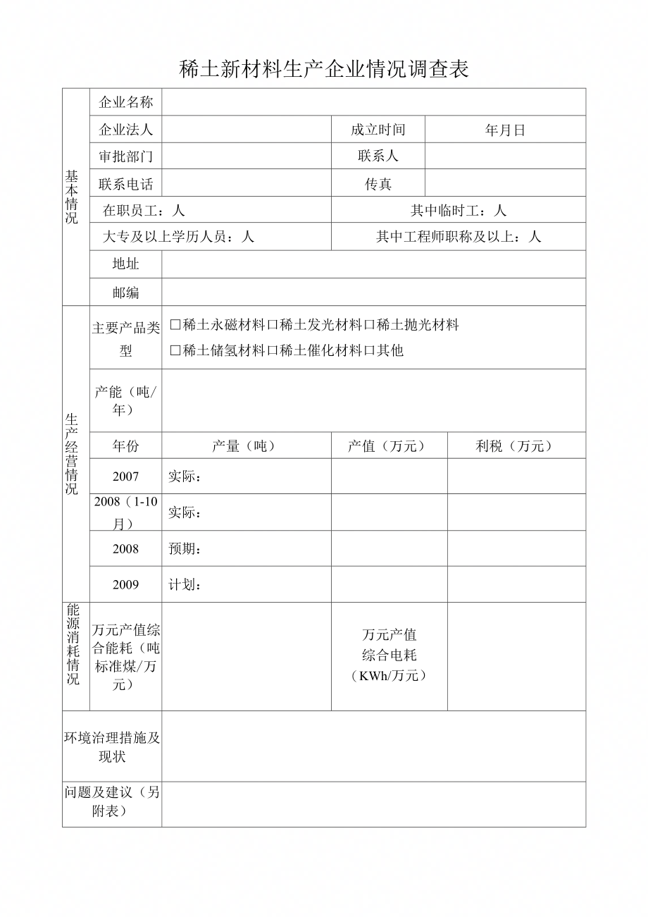 稀土新材料生产企业情况调查表_第1页