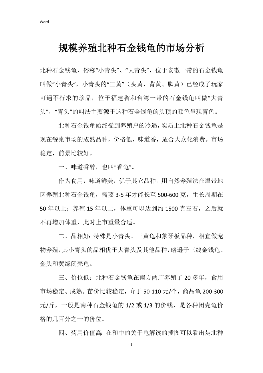 规模养殖北种石金钱龟的市场分析_第1页