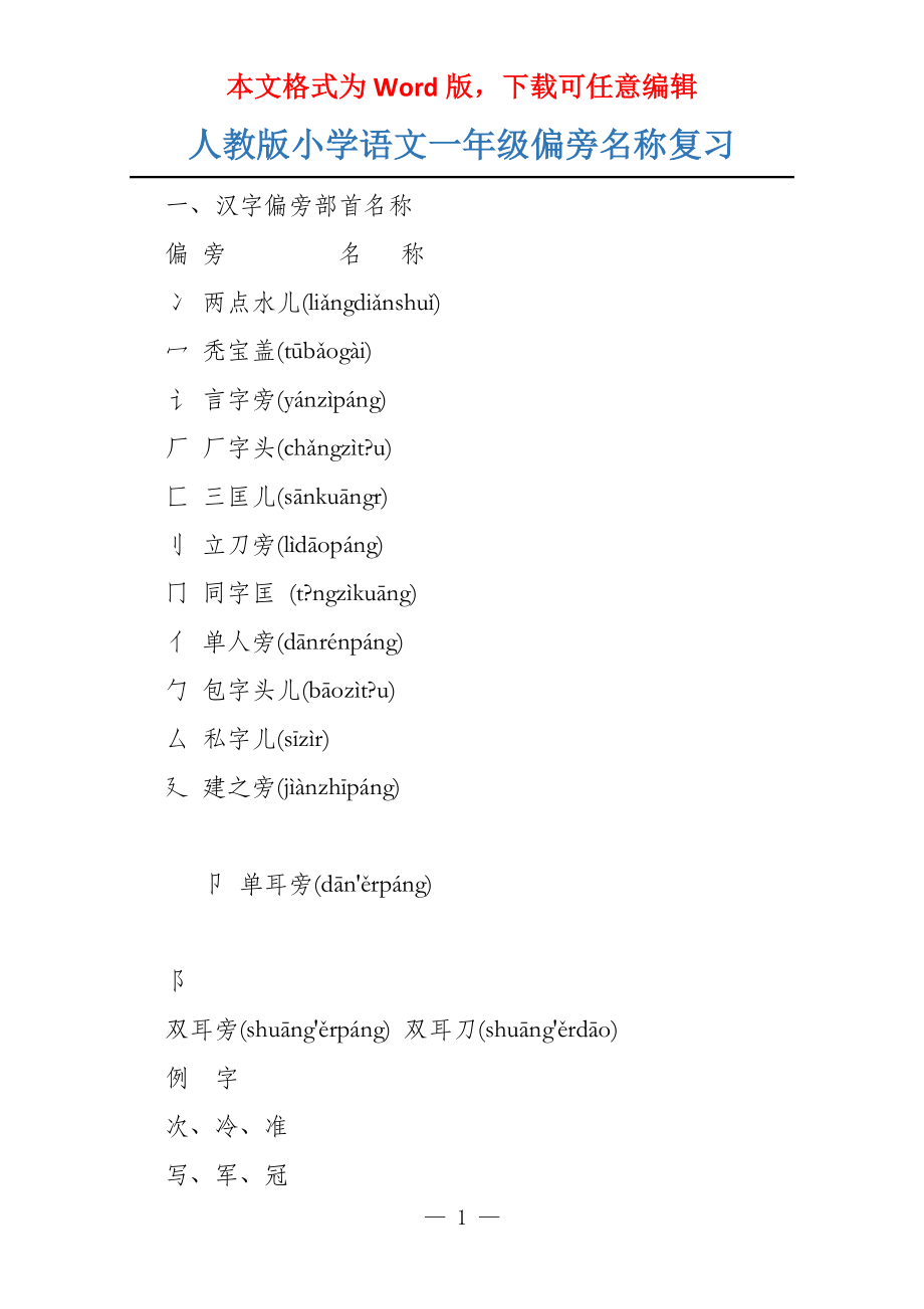 人教版小学语文一年级偏旁名称复习_第1页
