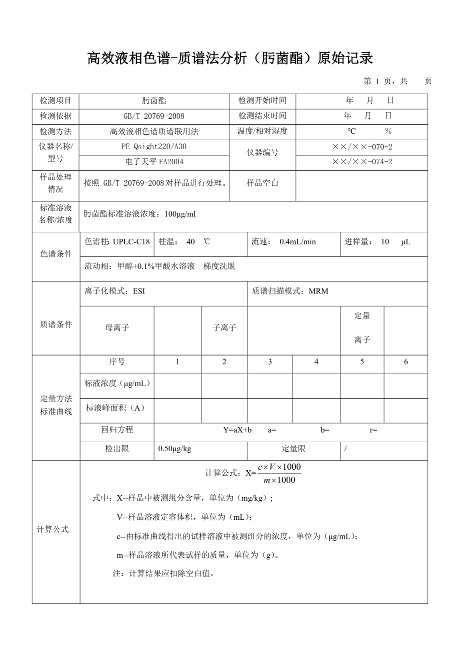 高效液相色谱-质谱法分析（肟菌酯）原始记录_第1页