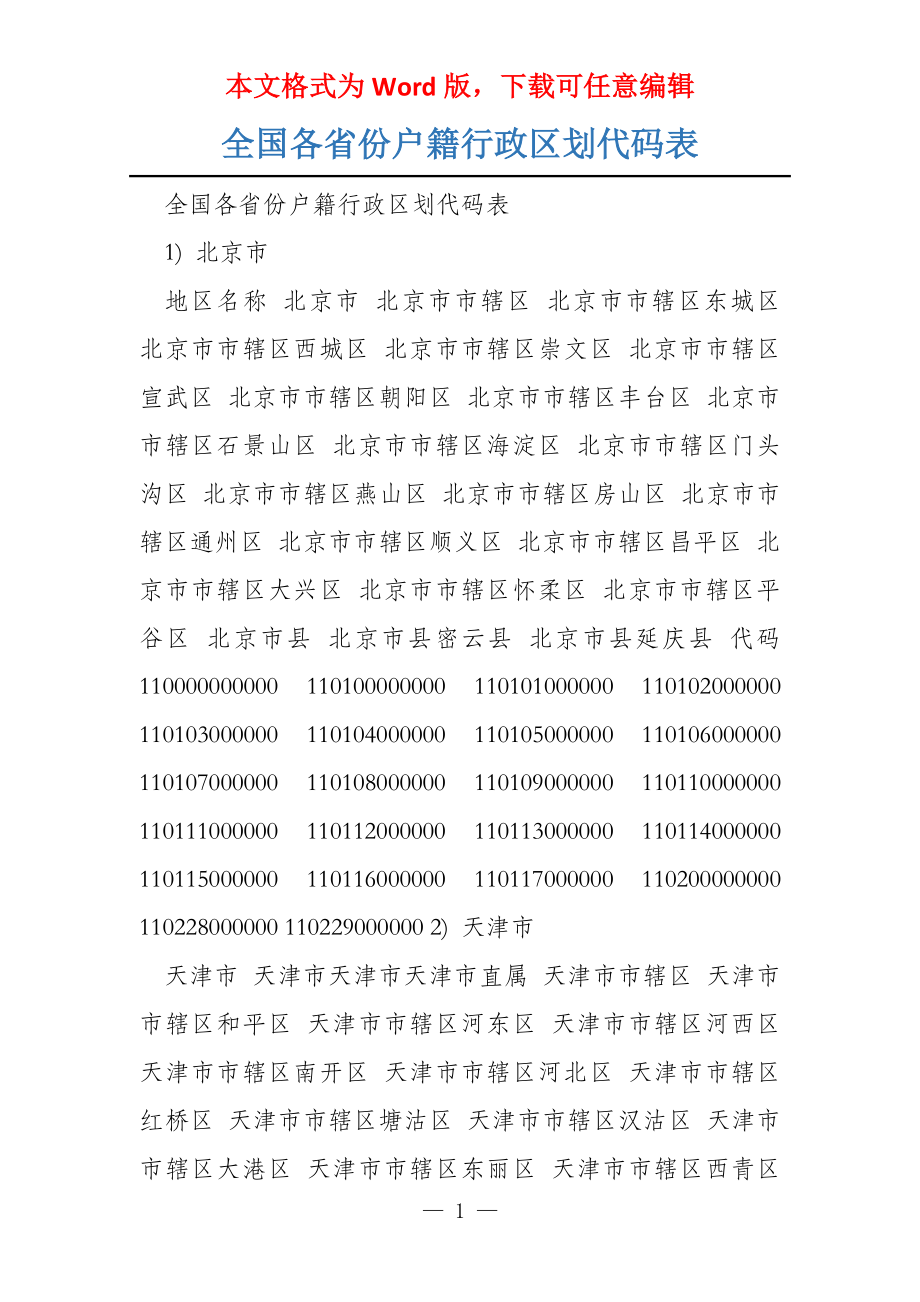 全国各省份户籍行政区划代码表_第1页