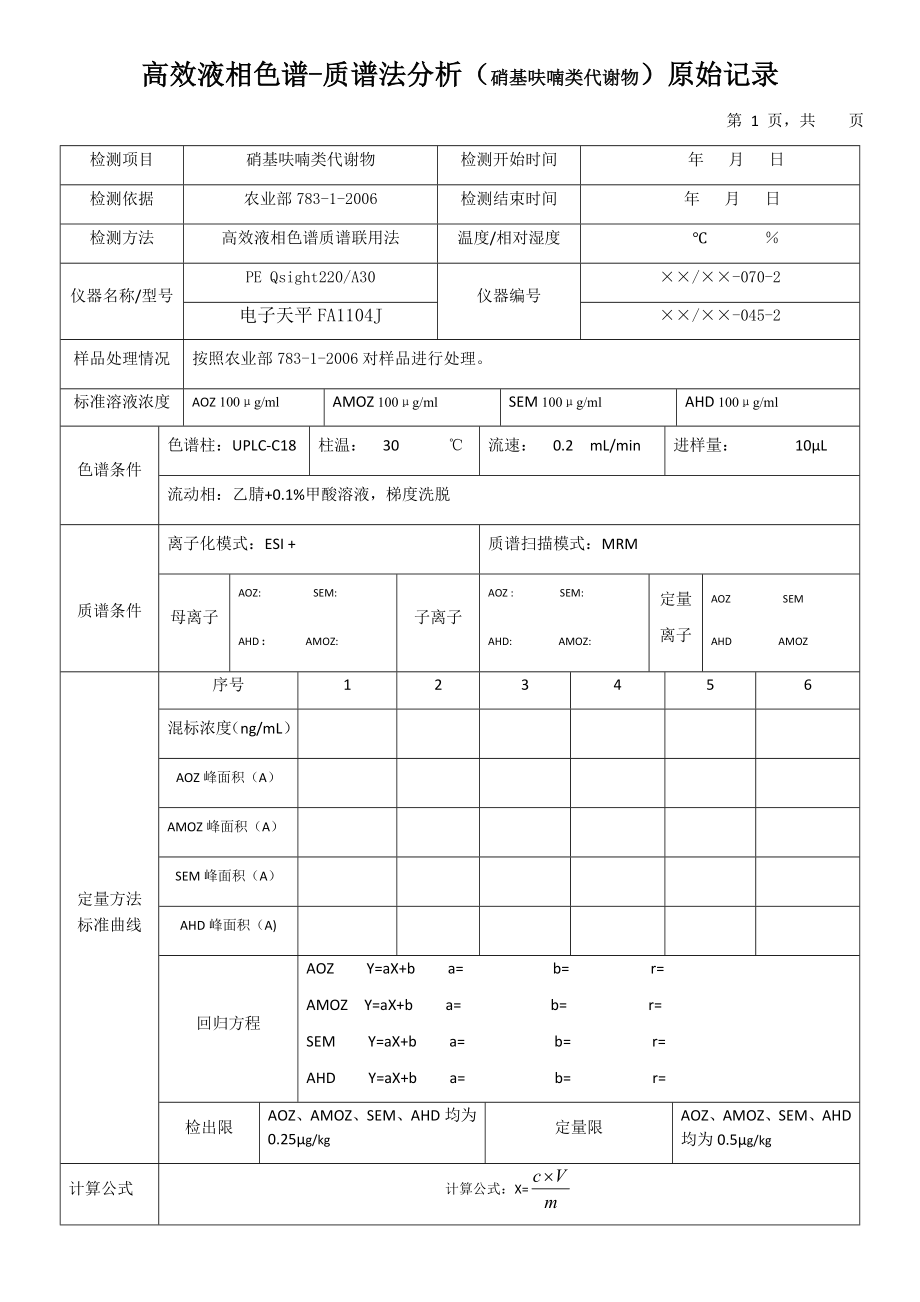 高效液相色谱-质谱法分析（硝基呋喃类代谢物）原始记录 (1)_第1页