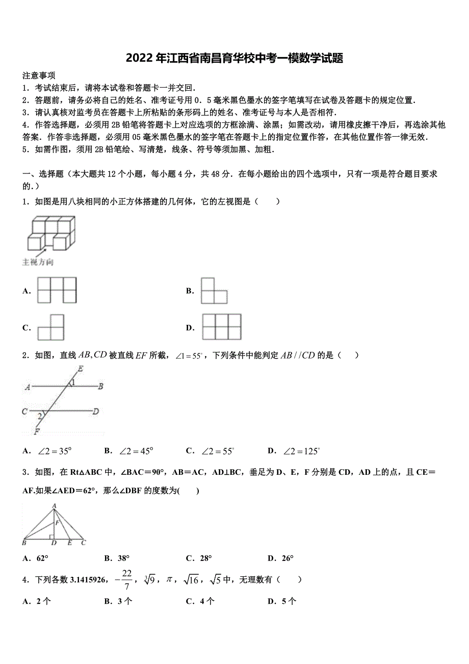 2022年江西省南昌育华校中考一模数学试题含解析_第1页