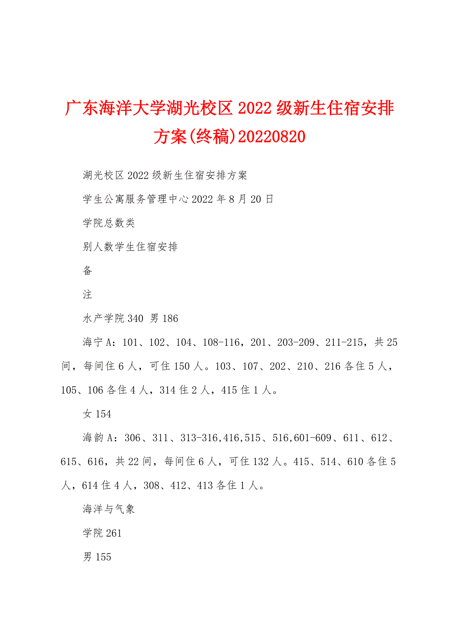 广东海洋大学湖光校区2022级新生住宿安排(终稿)20220820_第1页