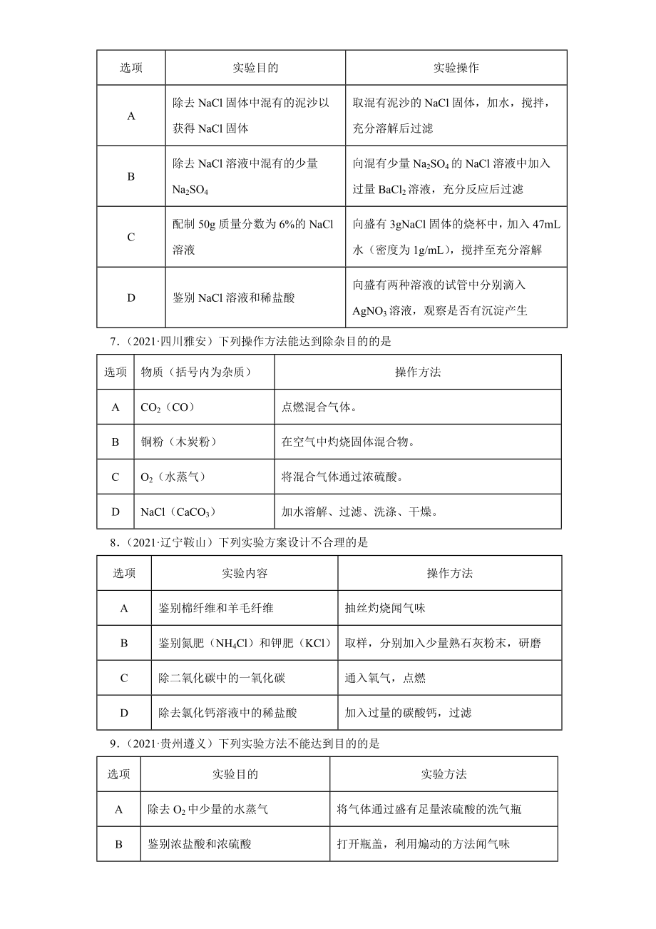 初中化学中考专题《物质的共存、检验、鉴别和除杂》（2022初三毕业考试复习）（原卷无答案）_第2页