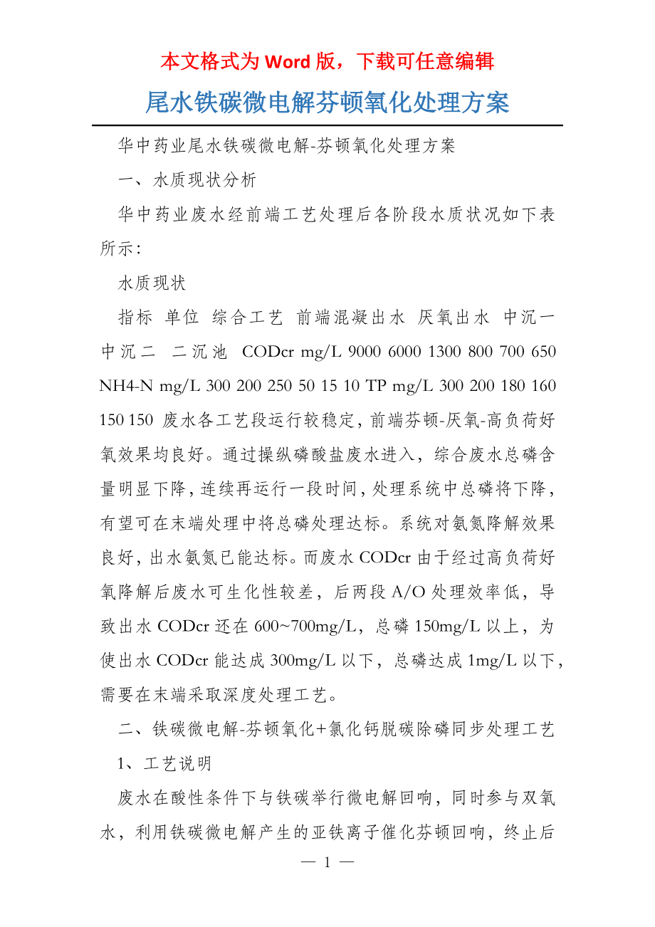 尾水铁碳微电解芬顿氧化处理方案_第1页