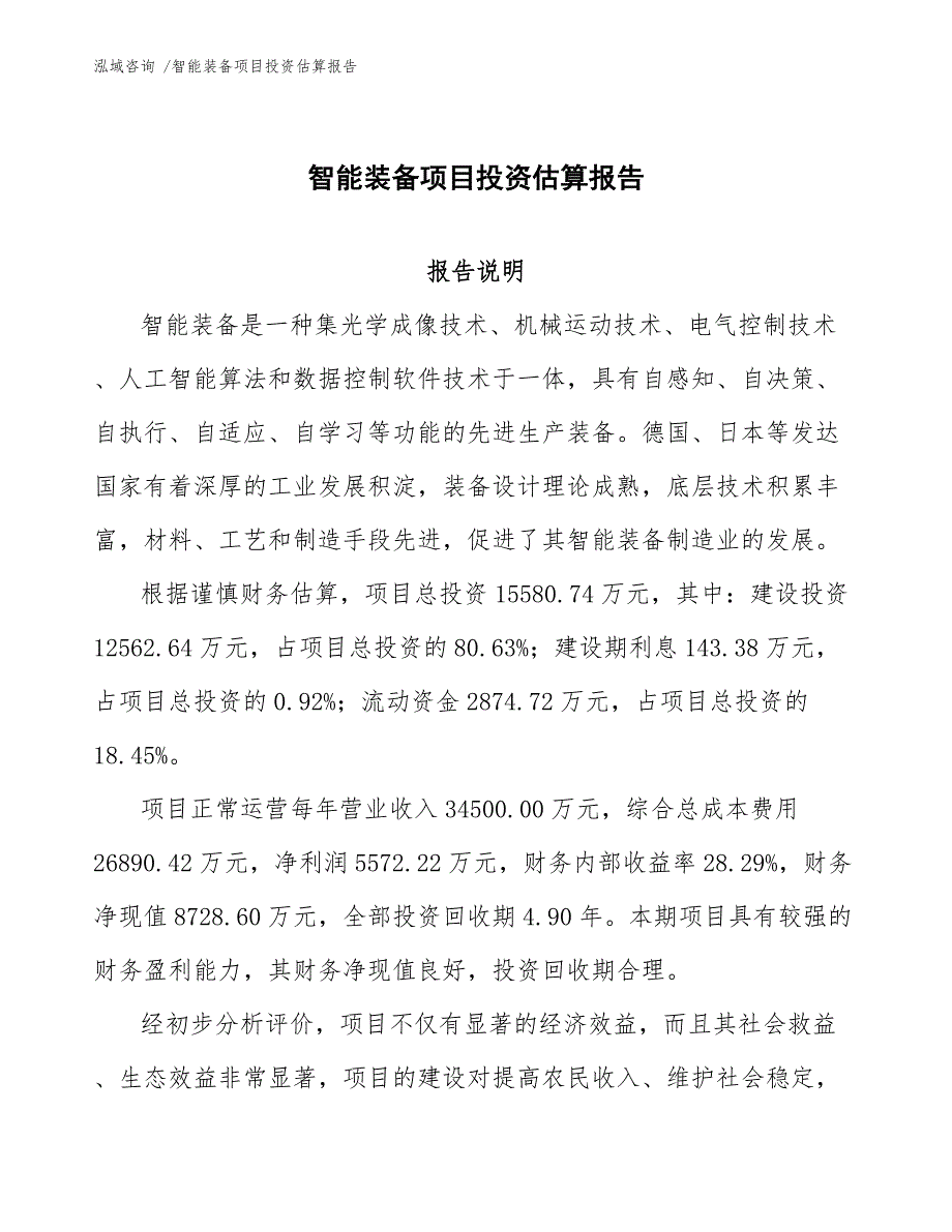智能装备项目投资估算报告（参考范文）_第1页