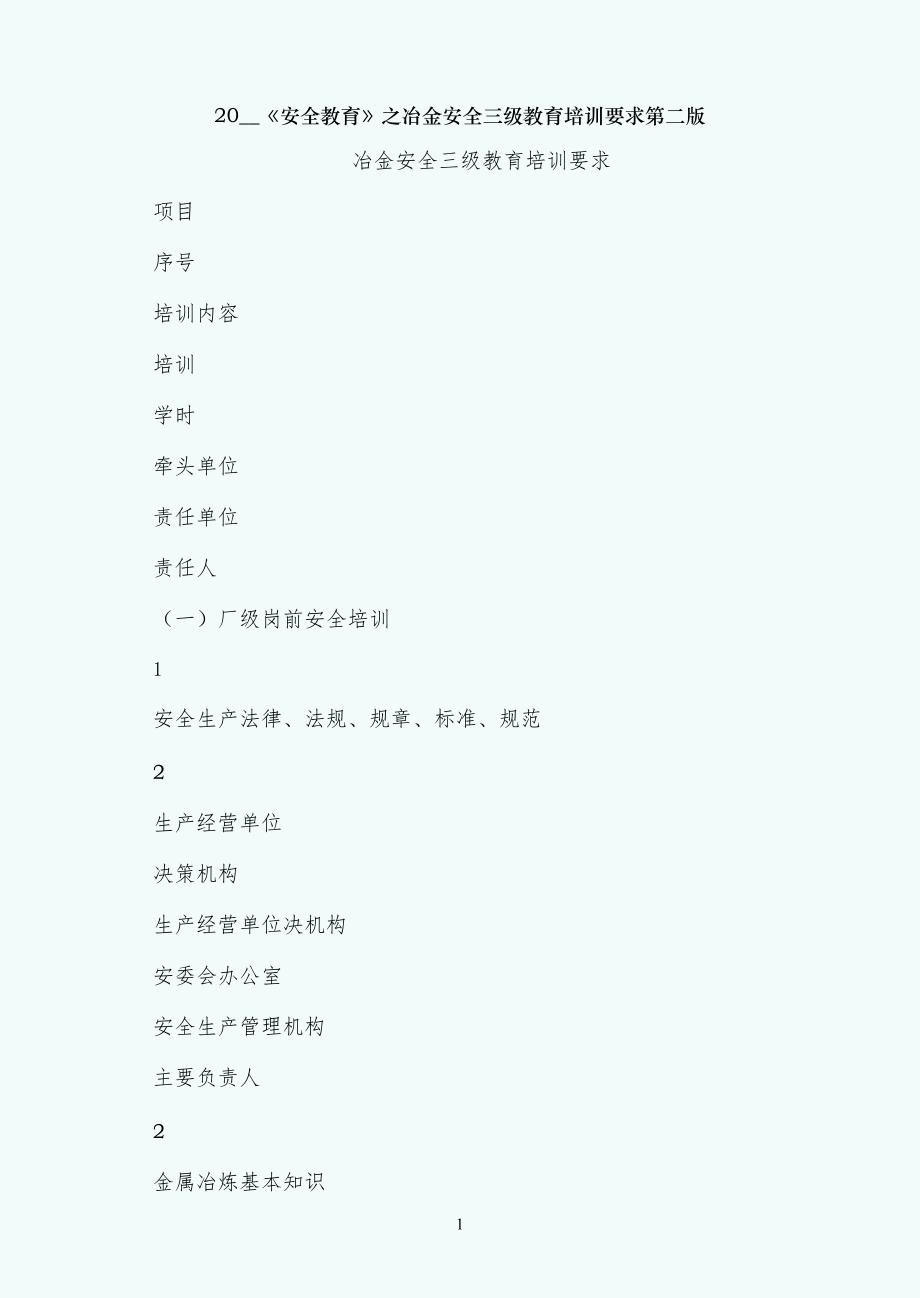 安全教育之冶金安全三级教育培训要求第二版_第1页