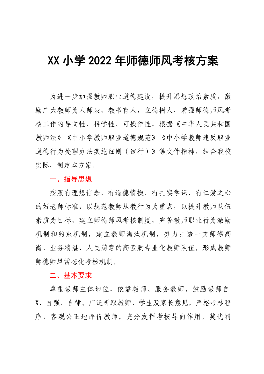 XX小学2022年师德师风考核方案_第1页