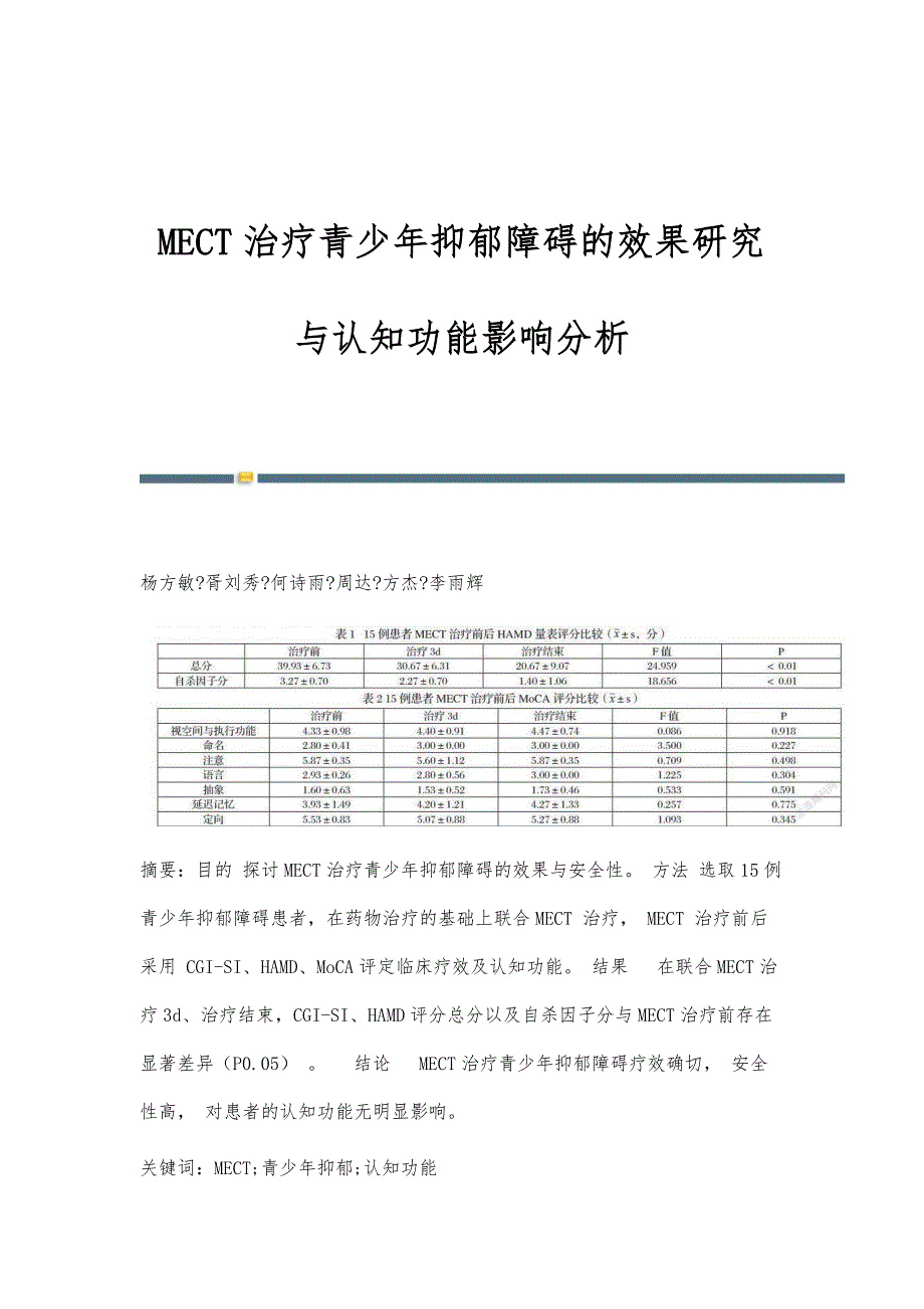 MECT治疗青少年抑郁障碍的效果研究与认知功能影响分析_第1页