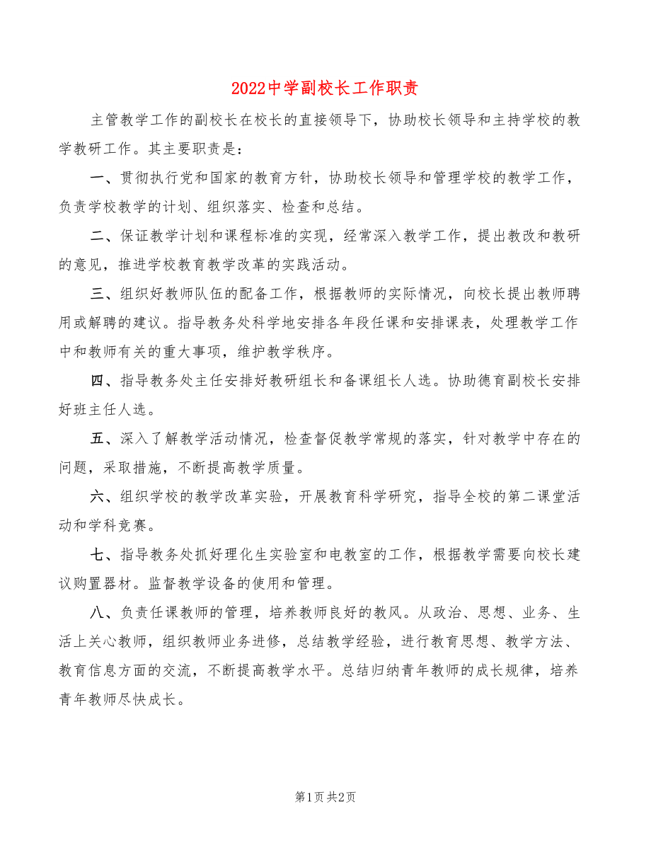 2022中学副校长工作职责(2篇)_第1页