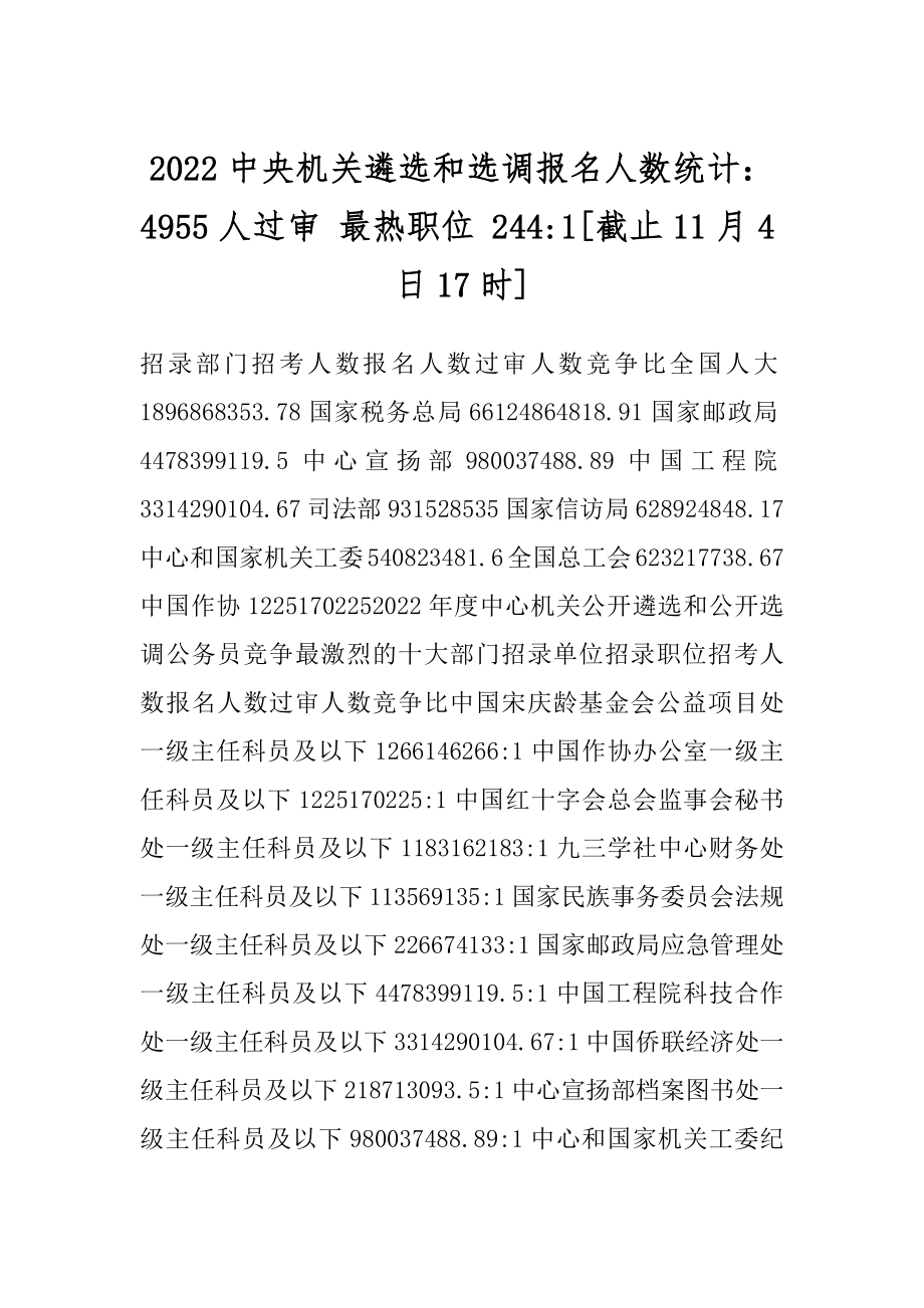 2022中央机关遴选和选调报名人数统计：4955人过审 最热职位 244-1[截止11月4日17时]汇编_第1页