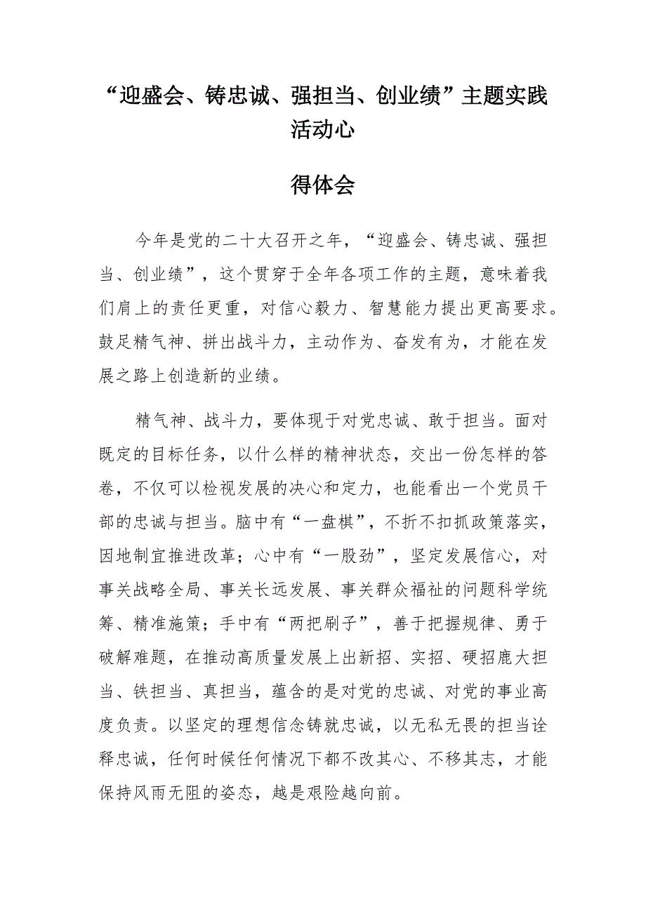 “迎盛会、铸忠诚、强担当、创业绩”主题学习实践活动研讨发言材料及心得体会（五篇）_第2页