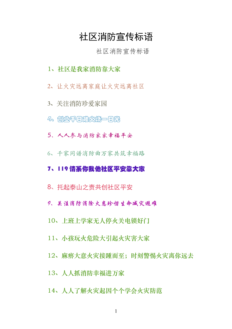 社区消防宣传标语（最终版）_第1页