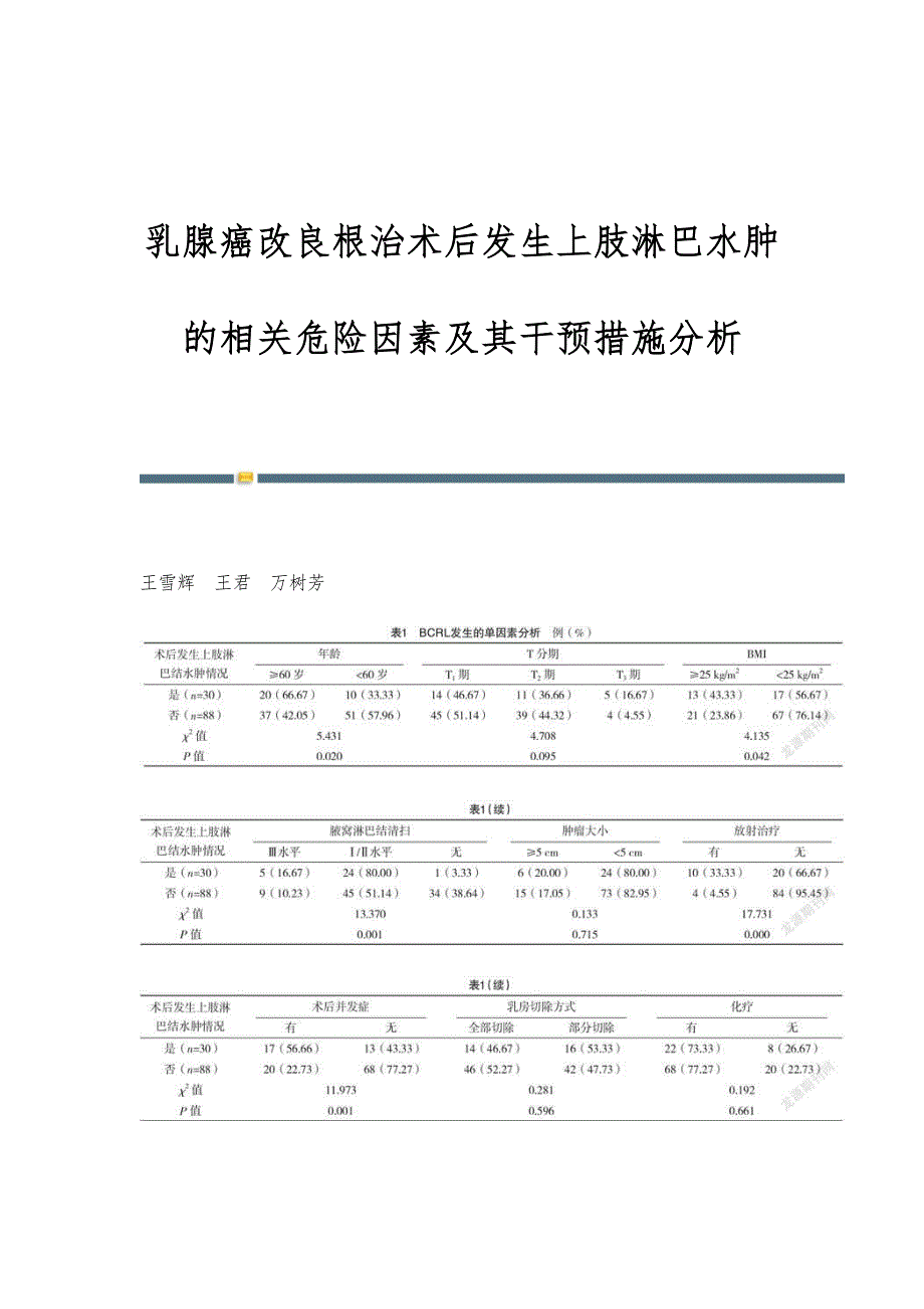 乳腺癌改良根治术后发生上肢淋巴水肿的相关危险因素及其干预措施分析_第1页