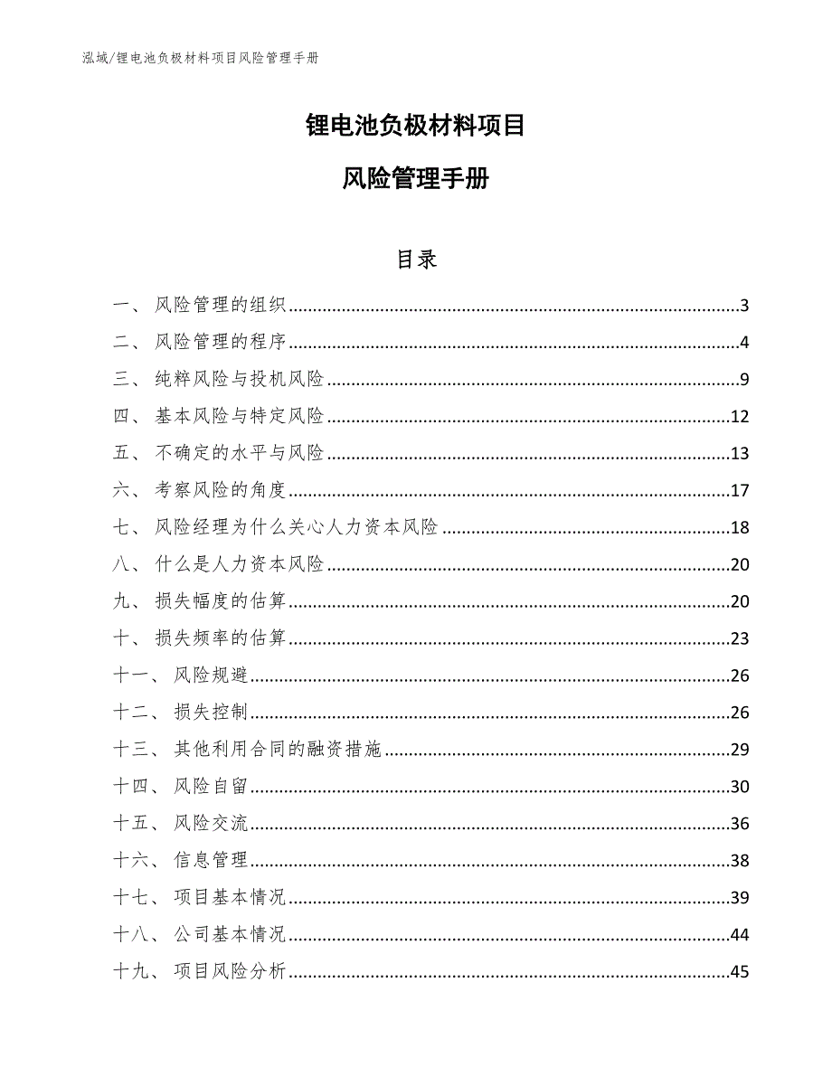 锂电池负极材料项目风险管理手册_参考_第1页