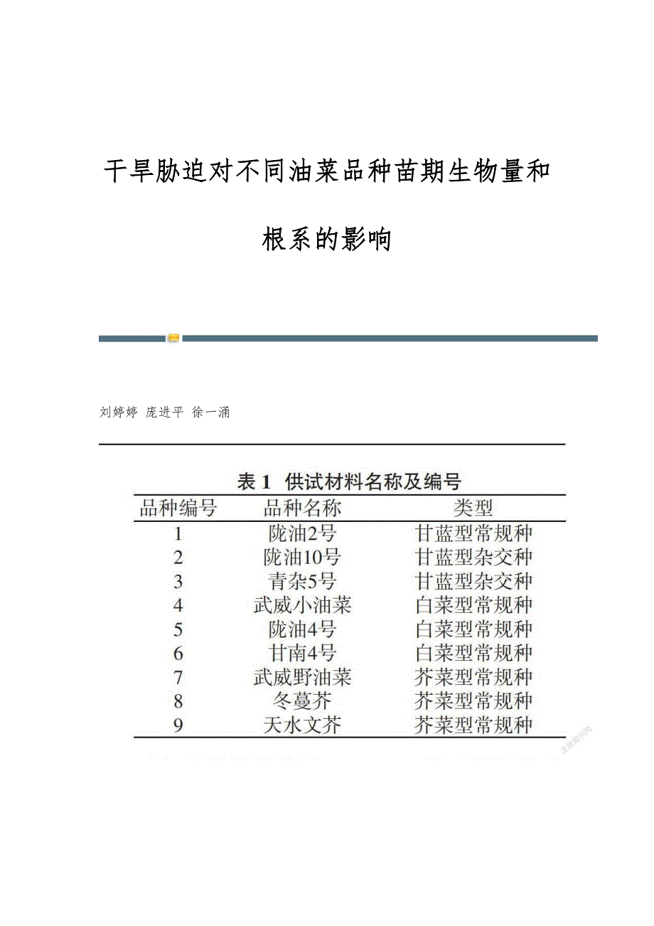 干旱胁迫对不同油菜品种苗期生物量和根系的影响_第1页