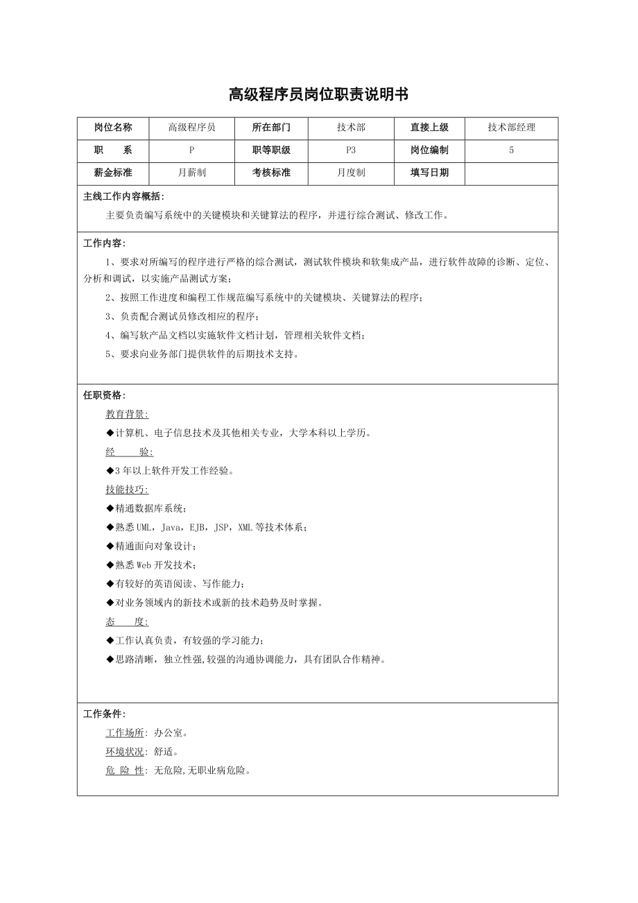 高级程序员岗位职责说明书模板_第1页