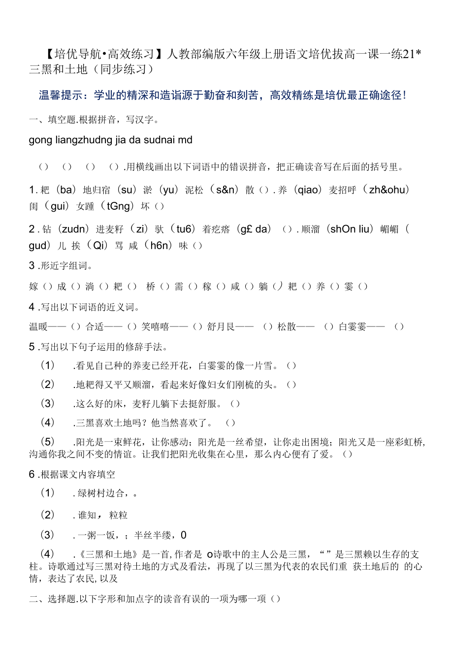 【培优导航·高效练习】六年级上册语文培优拔高一课一练-21 三黑和土地-人教部编版（含答案）_第1页