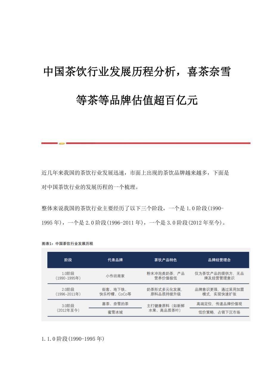 中国茶饮行业发展历程分析喜茶奈雪等茶等品牌估值超百亿元_第1页