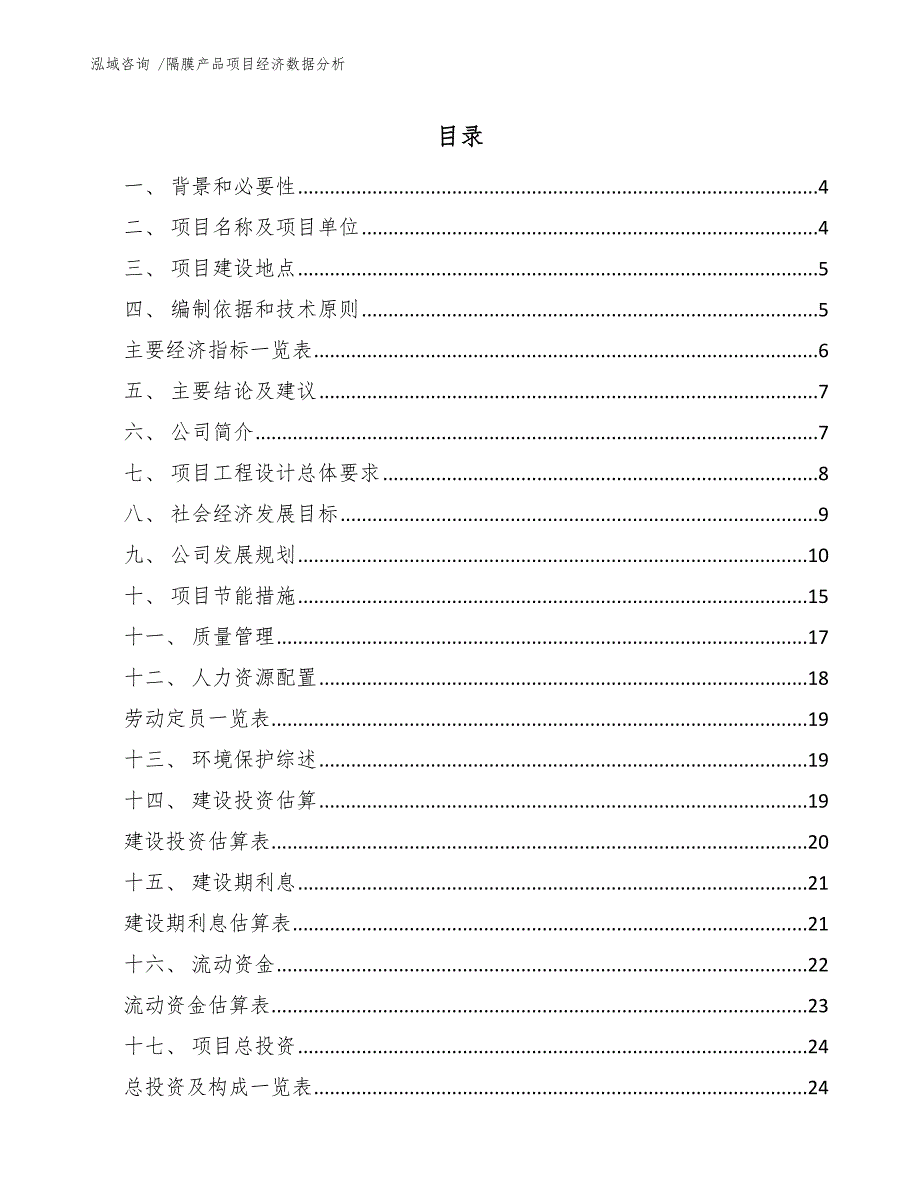 隔膜产品项目经济数据分析-（模板）_第1页