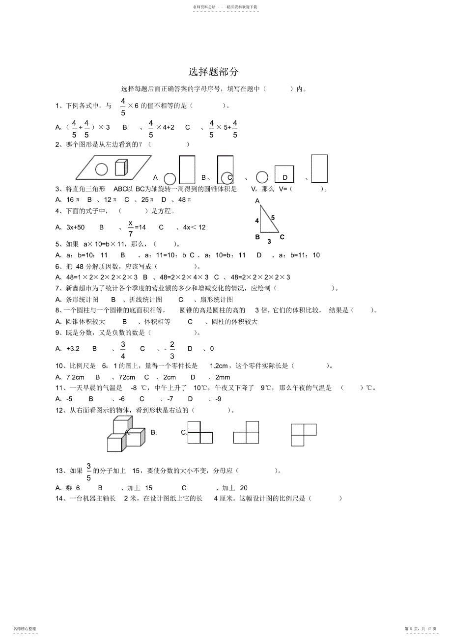 2022年小学毕业班数学总复习分类练习资料_第5页