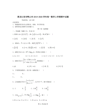 黑龙江省双鸭山市2019-2020学年高一数学上学期期中试题