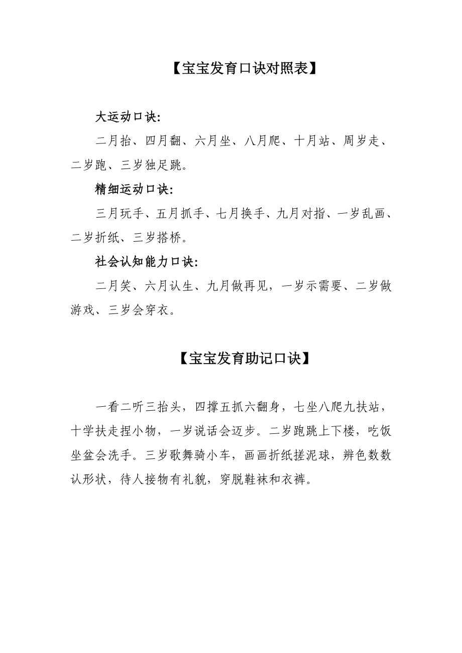 宝宝发育口诀对照表试卷教案_第1页