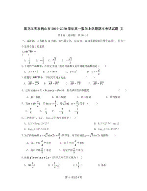 黑龙江省双鸭山市2019-2020学年高一数学上学期期末考试试题文带答案