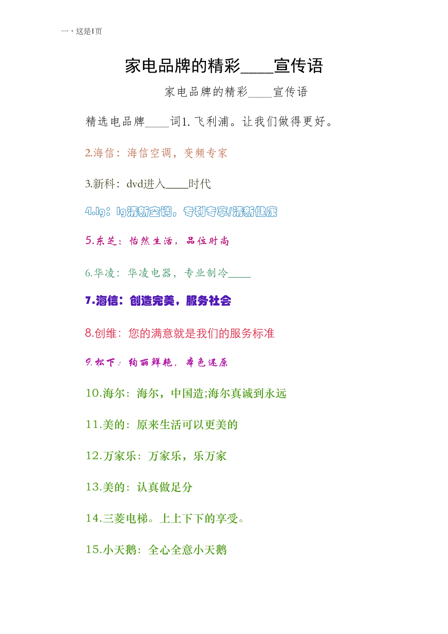 家电品牌的精彩广告宣传语供参考_第1页